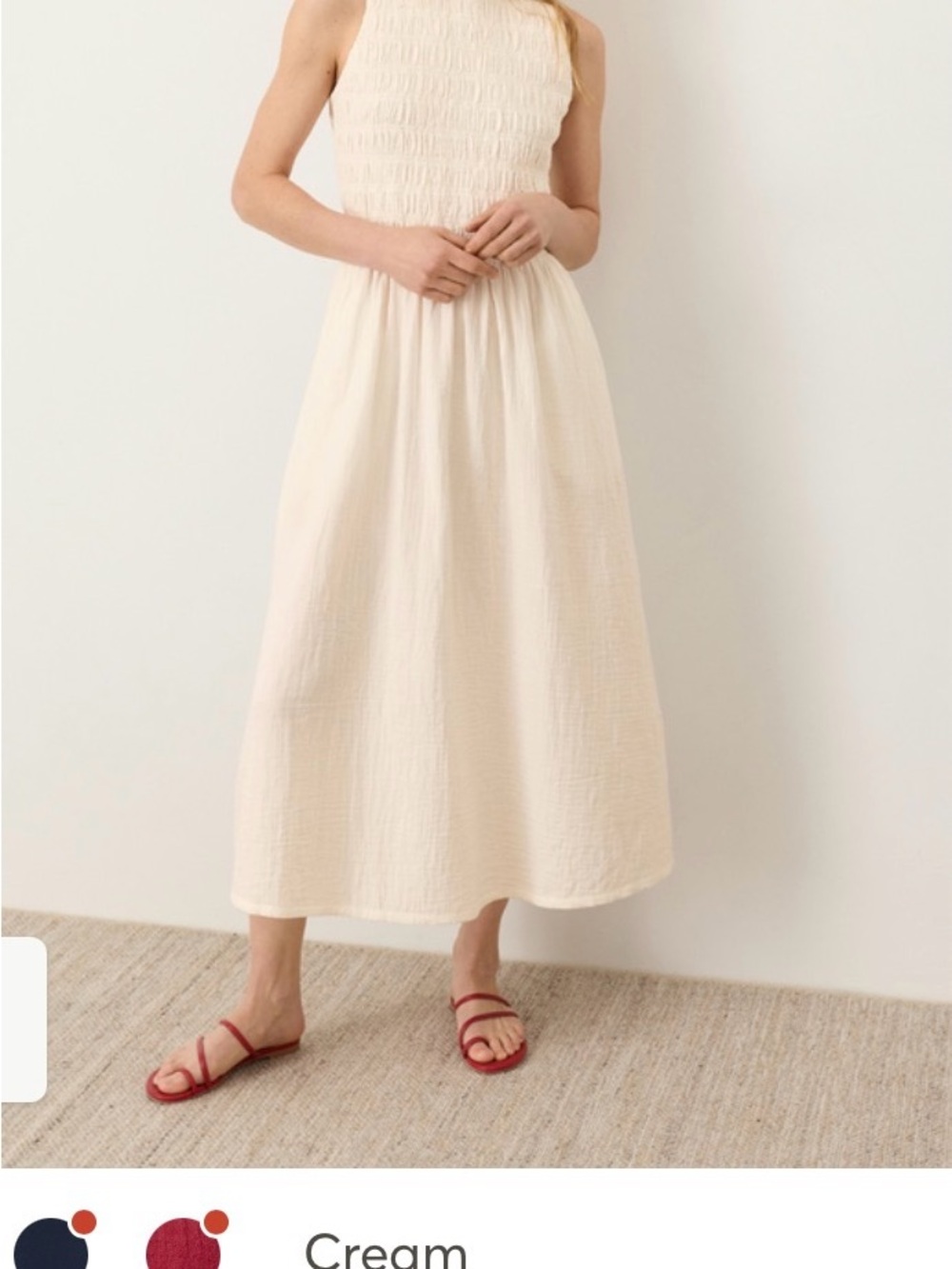 NWOT- PACT ORGANIC COASTAL DOUBLE GAUZE SMOCKED MIDI DRESS- MEDIUM- CREAM - Picture 5 of 16